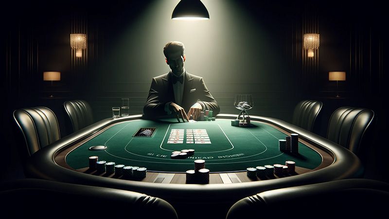 Dealer em uma mesa de pôquer em um quarto mal iluminado