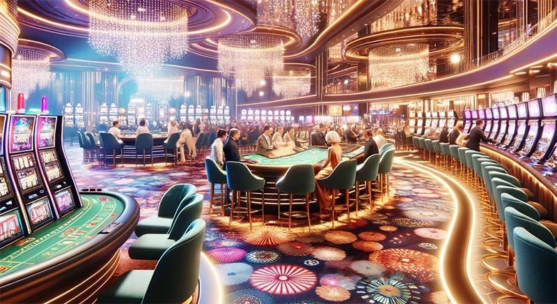 Casino com jogadores e mesa de roleta no meio