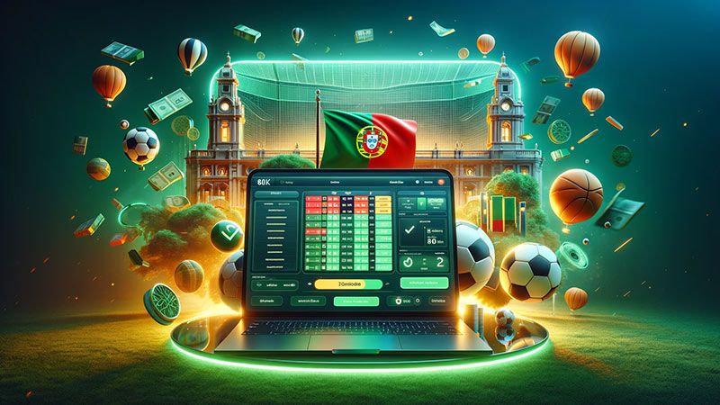 Laptop com mesa de apostas, bandeira portuguesa, bolas de futebol e basquete, dinheiro e prédio ao fundo