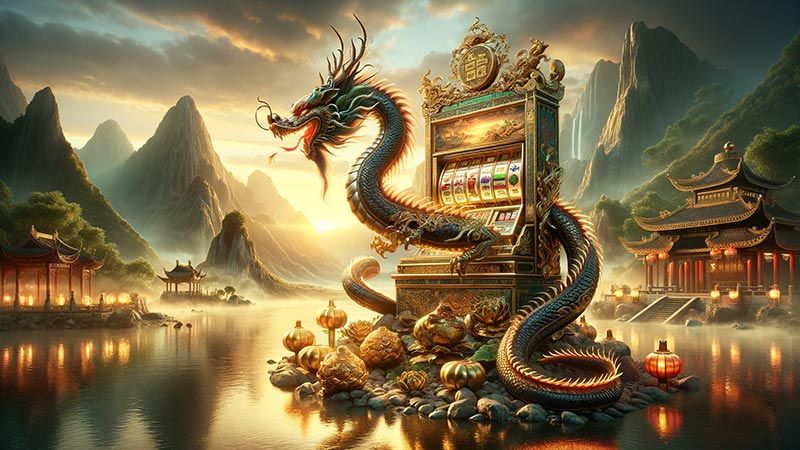 Um dragão chinês emerge de uma fenda entre as paisagens da China