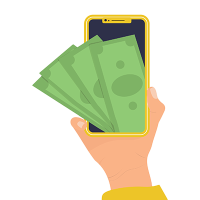 Mão segurando smartphone e dinheiro