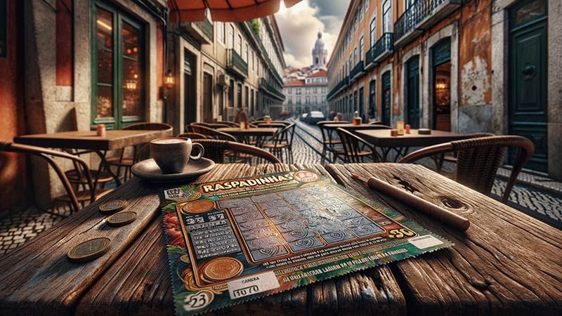Raspadinhas estão sobre uma mesa com vista para a rua de Portugal