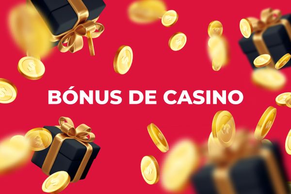 Imagem de bonus de casino com presentes pretos e moedas douradas em fundo vermelho