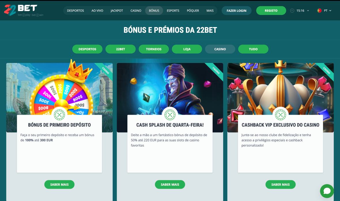 Página de bónus do 22Bet casino