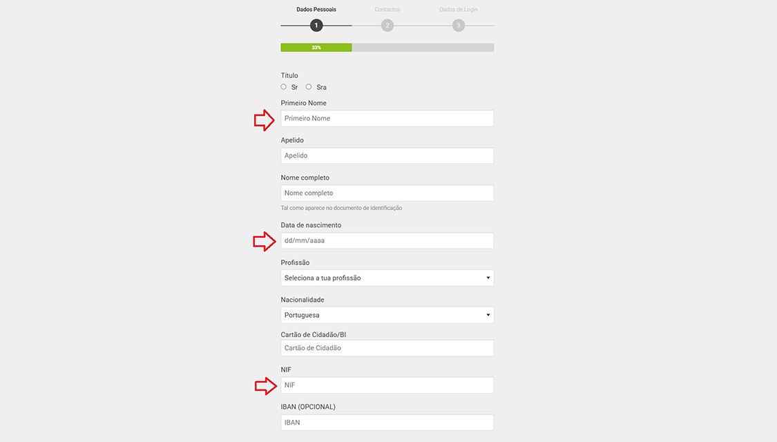 Captura de ecrã da segunda etapa do registo