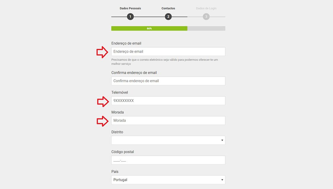 Captura de ecrã da terceira etapa do registo