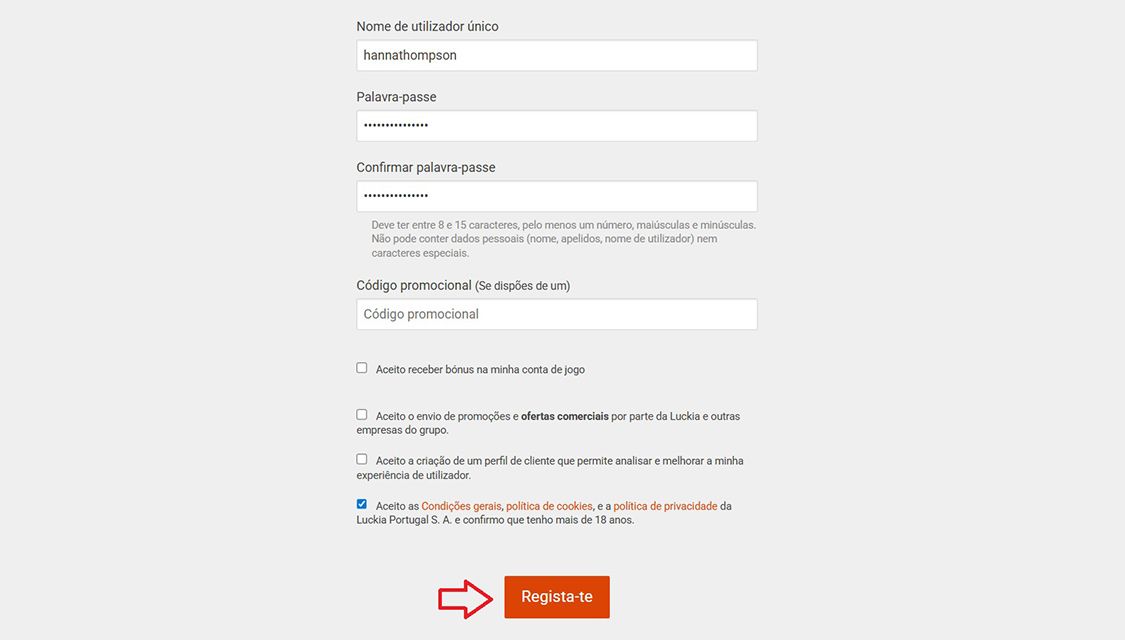 Captura de ecrã da quinta etapa do registo