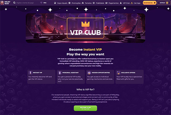 Página do Clube VIP no site do Milkyway Casino