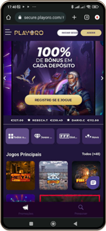 Site do Playoro Casino na Tela do Celular