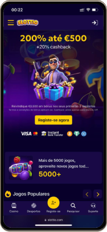 Página principal do Slottio Casino no telemóvel