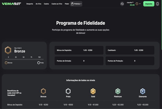 Programa Vip página do Vemabet casino