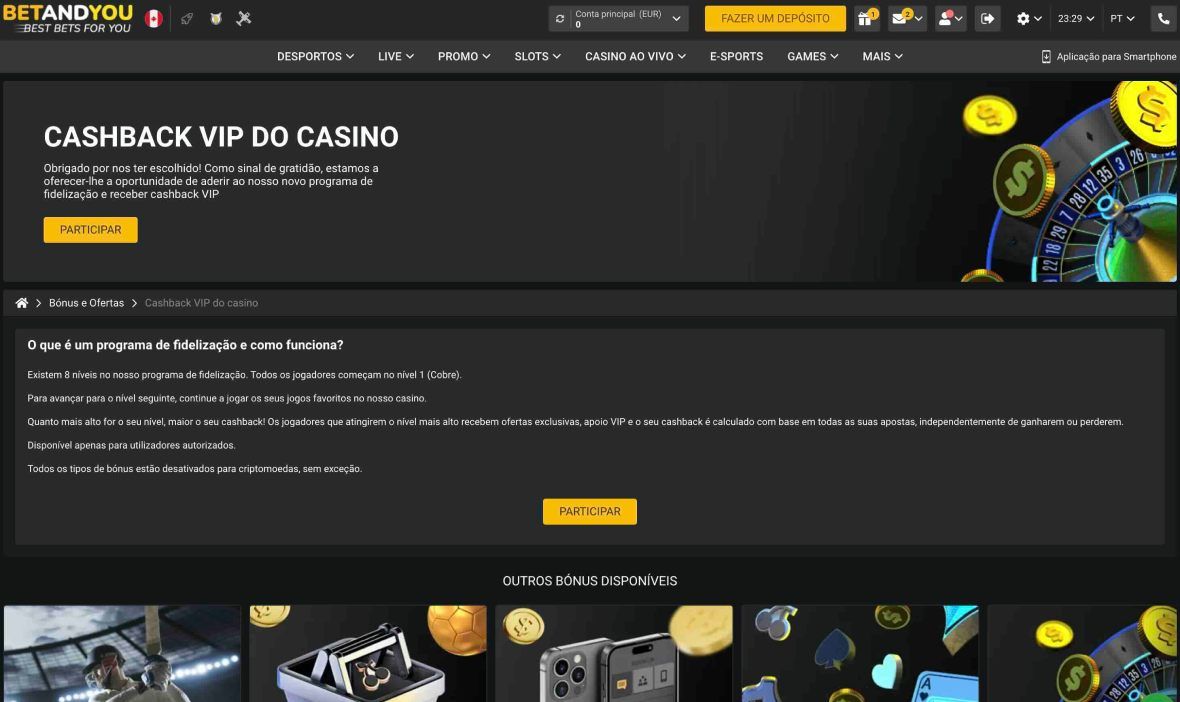 Página do Bet and You Casino com oferta de cashback