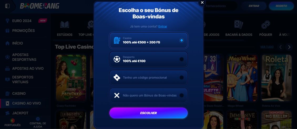 Captura de ecrã do processo de registo no Boomerang-Bet Casino - passo 2