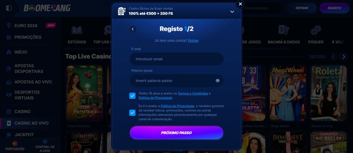 Captura de ecrã do processo de registo no Boomerang-Bet Casino - passo 3