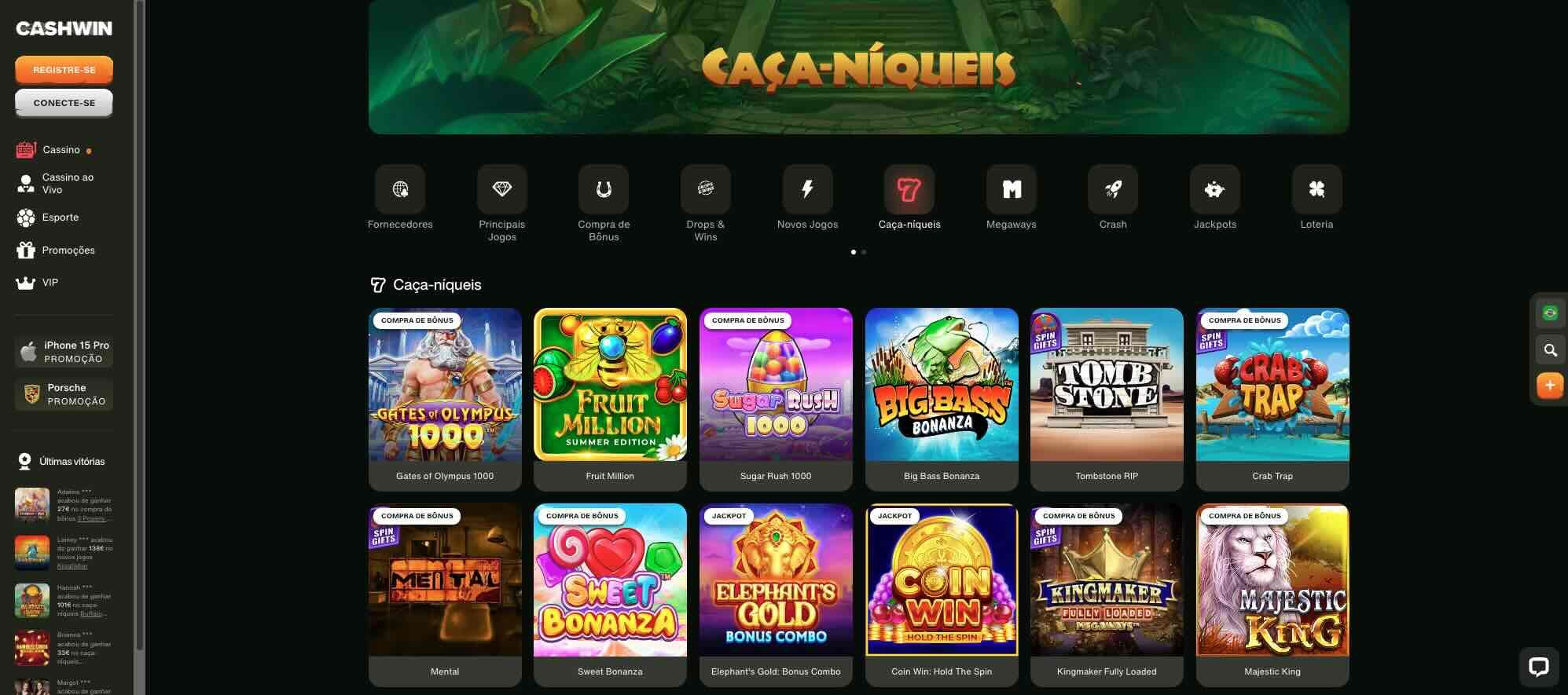 Lista de slots no Cashwin Casino