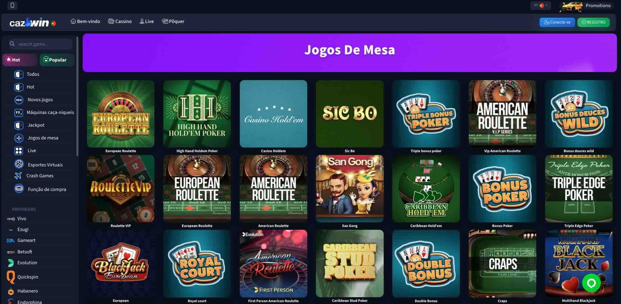 Lista de jogos de mesa no Cazwin Casino