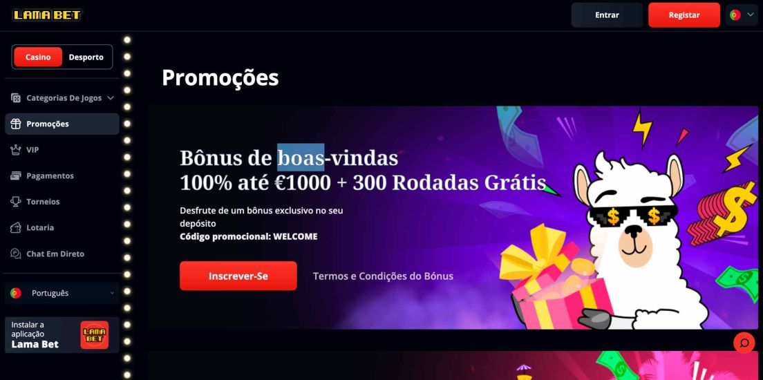 Página de bónus no site do Lamabet Casino