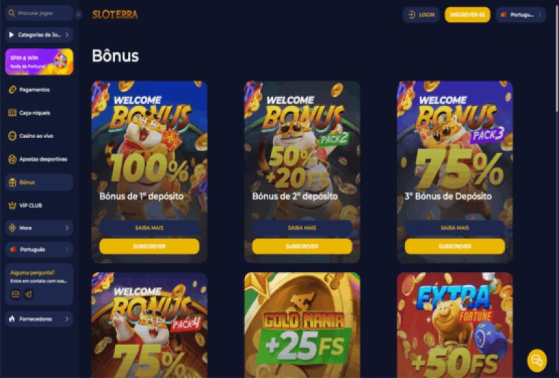 Página de bónus no site do Sloterra Casino