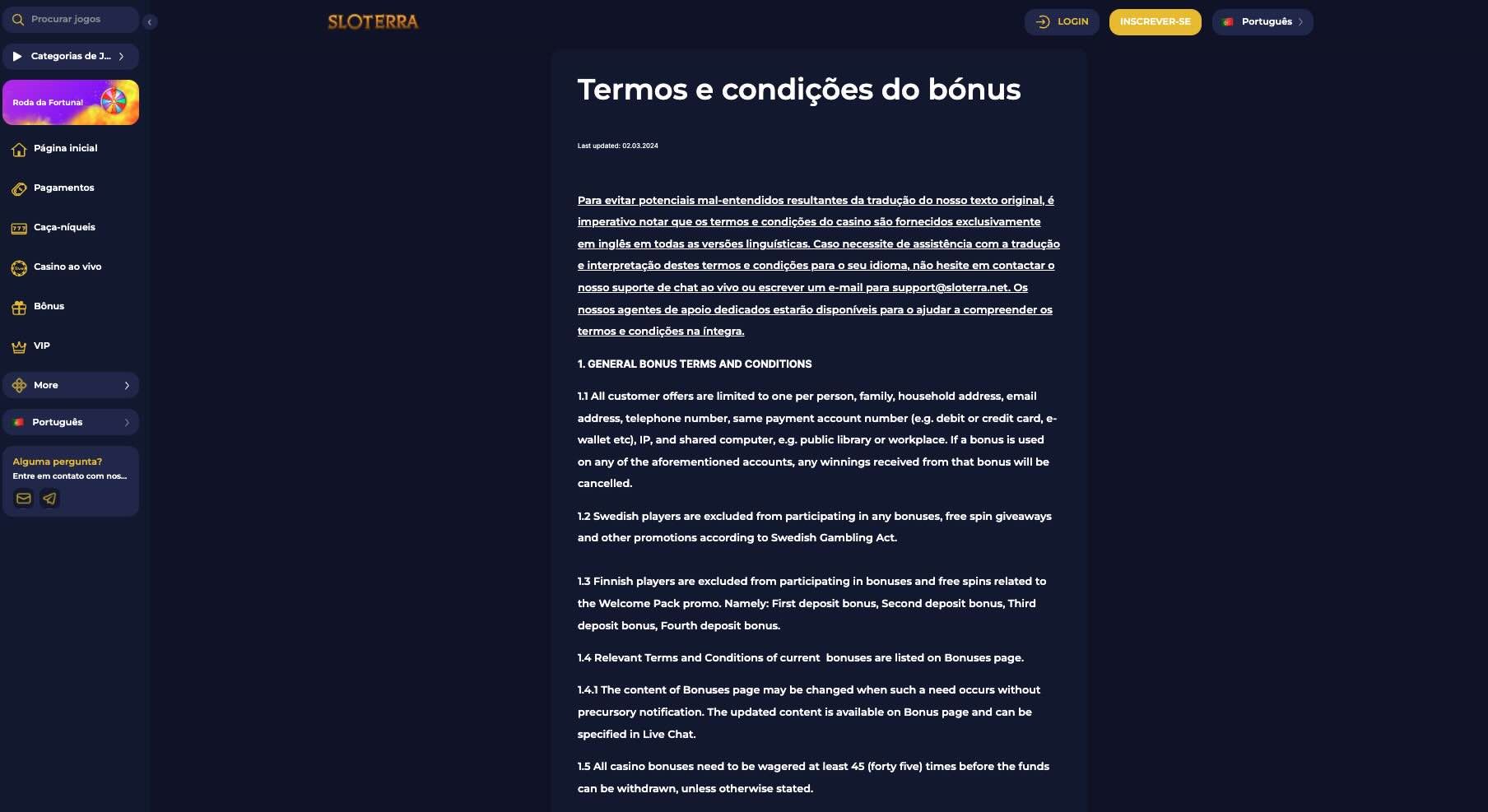 Página do Sloterra Casino sobre jogo responsável