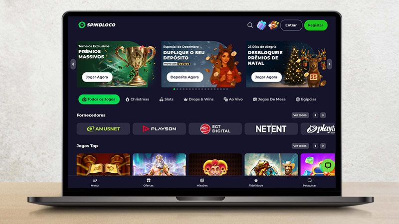 Página principal do casino Spinoloco no laptop