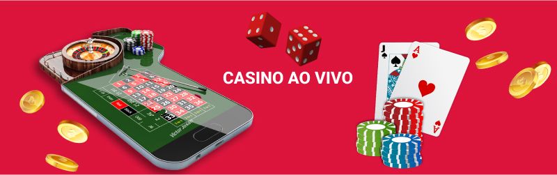 Banner com roleta, cartas de jogar, fichas e moedas em fundo de smartphone com o texto Casino ao vivo.