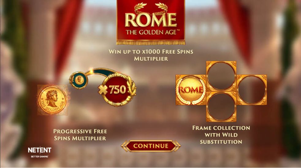 Imagens da slot Rome: The Golden Age com coroas e moedas.