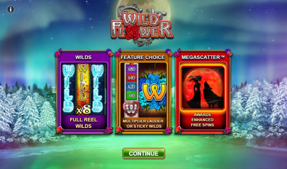 Imagem da slot machine Wild Flower com símbolos wild roxos.