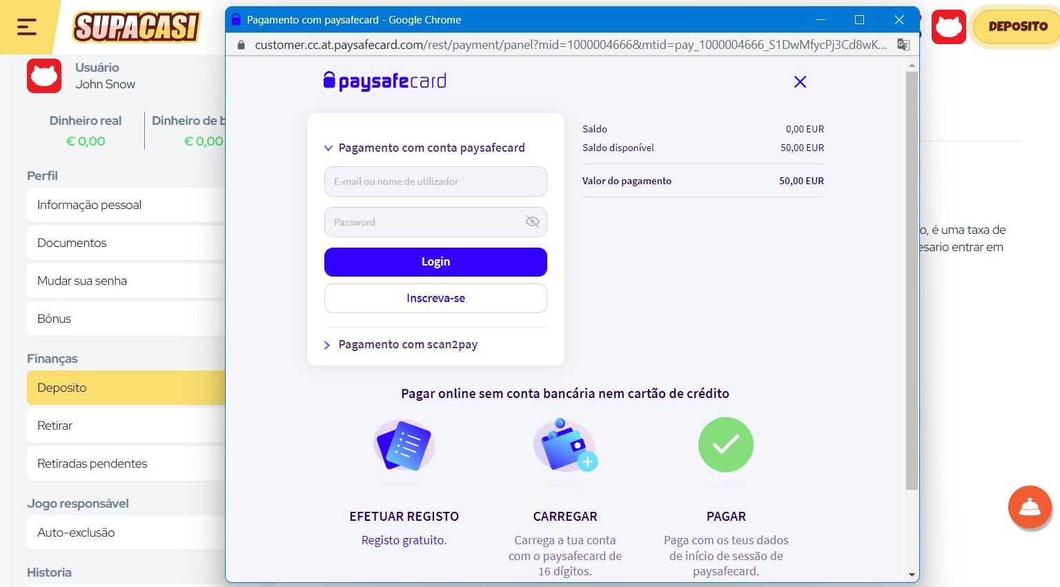 Depósito Paysafecard - passo 5