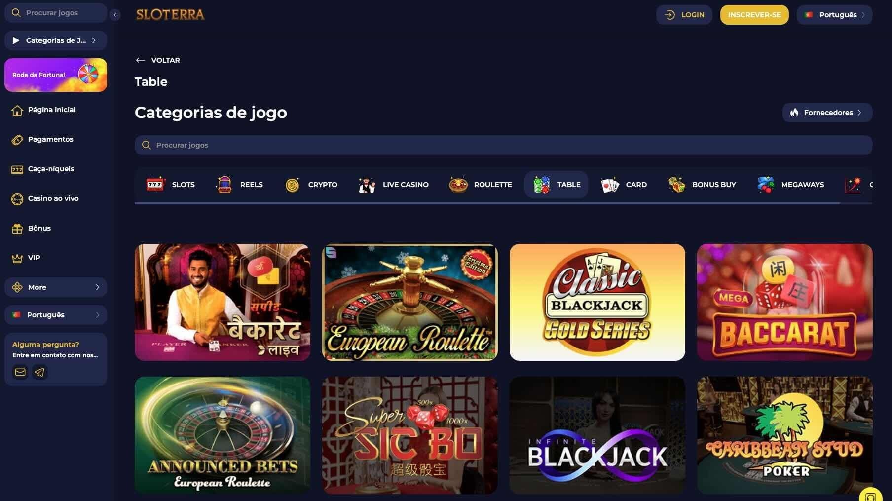 Lista de jogos de mesa no Sloterra Casino